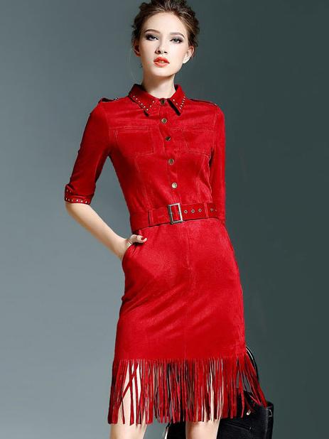 Romwe Red Lapel Half Sleeve Drawstring Pockets Tassel Dress