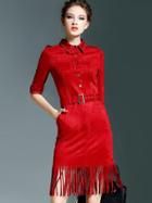 Romwe Red Lapel Half Sleeve Drawstring Pockets Tassel Dress