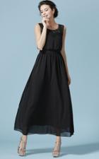 Romwe Sleeveless Lace Insert Chiffon Black Dress