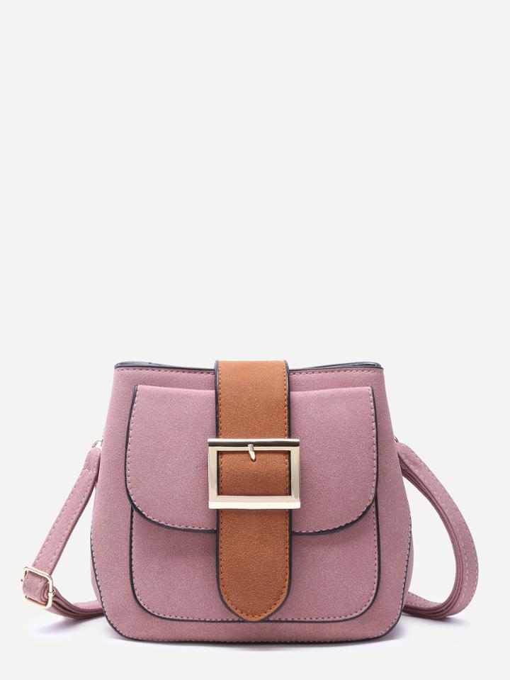 Romwe Pink Buckled Strap Pocket Front Shoulder Bag