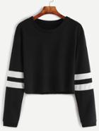 Romwe Black Varsity Striped Sleeve Crop T-shirt