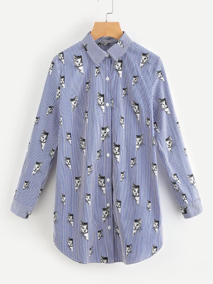 Romwe Cat Stripe Print Roll Tab Sleeve Curved Shirt Dress