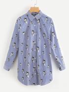 Romwe Cat Stripe Print Roll Tab Sleeve Curved Shirt Dress
