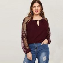 Romwe Plus Contrast Lace Keyhole Neck Blouse