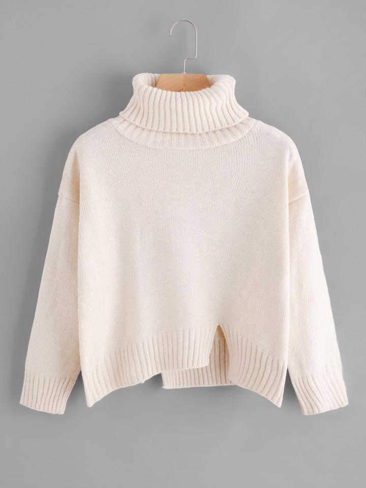 Romwe Turtleneck Raw Cut Dip Hem Sweater