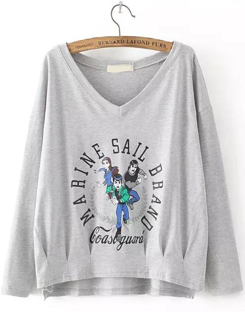 Romwe V Neck Dip Hem Cartoon Print Grey T-shirt