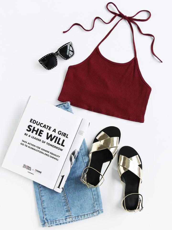 Romwe Halter Neck Ribbed Bow Tie Back Crop Top