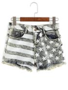 Romwe Frayed Stars And Stripes Jeans Shorts