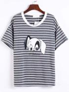 Romwe Striped Dog Print Grey T-shirt