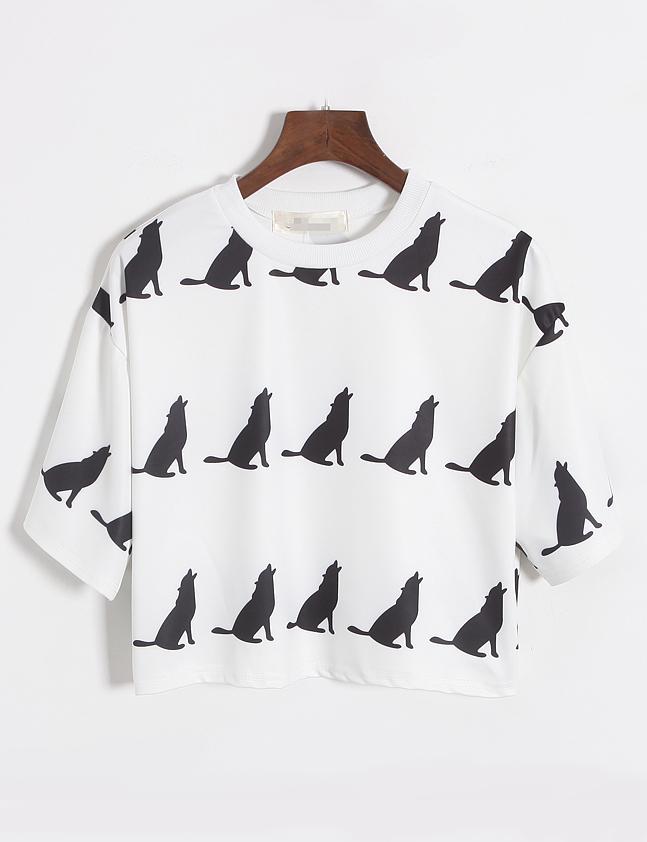 Romwe Wolf Print Crop White T-shirt