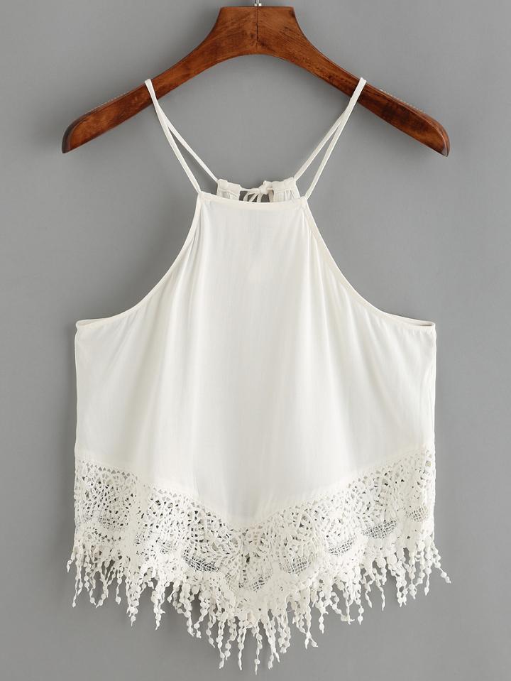 Romwe Spaghetti Strap Crochet Fringe Cami Top