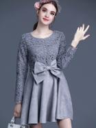 Romwe Grey Round Neck Long Sleeve Hollow Crochet Bow Dress