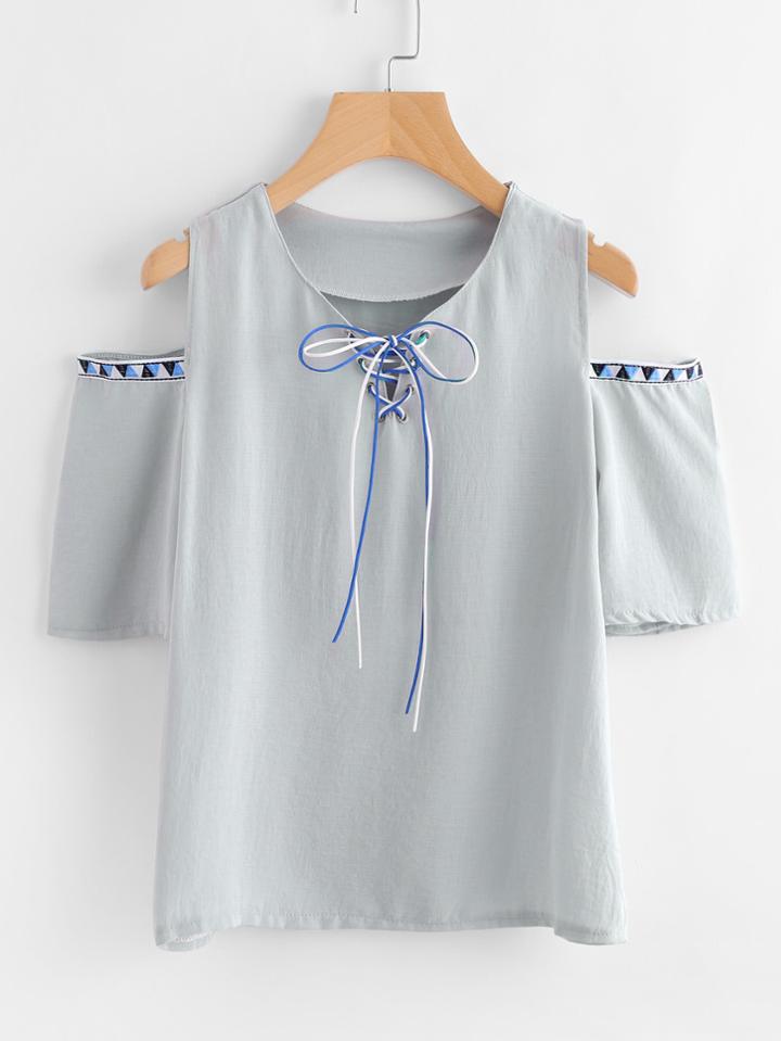 Romwe Open Shoulder Taped Eyelet Lace Up Blouse