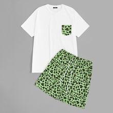 Romwe Guys Leopard Pocket Patch Tee & Shorts Set