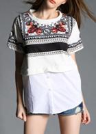 Romwe Contrast Hem With Buttons Vintage Print White Top
