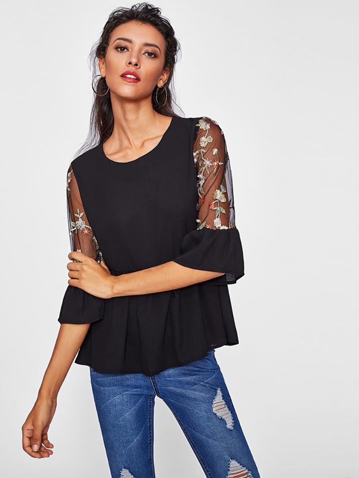 Romwe Contrast Embroidery Mesh Sleeve Frill Trim Top