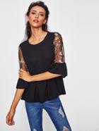 Romwe Contrast Embroidery Mesh Sleeve Frill Trim Top