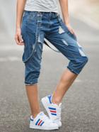 Romwe Blue Ripped Capris Dungarees