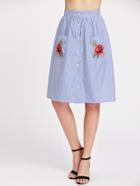 Romwe Button Front Striped Skirt With Embroidered Rose Applique Pocket
