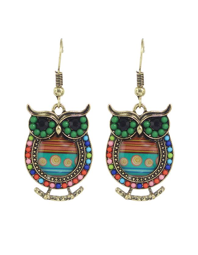 Romwe Green Enamel Beads Owl Shape Earrings