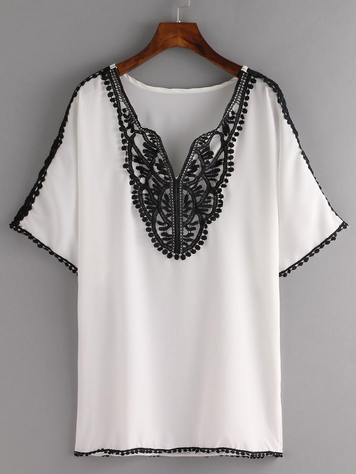 Romwe Pom Pom Lace Trimmed Chiffon Top