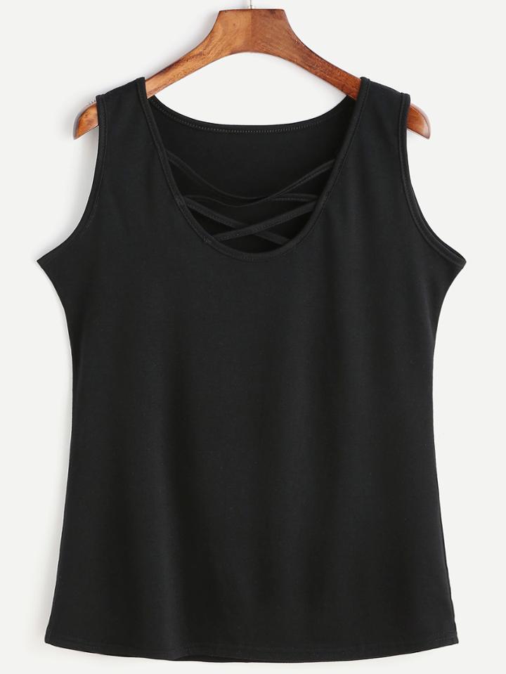Romwe Black Lattice Front Tank Top