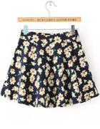 Romwe Navy Chrysanthemum Print With Zipper Skirt