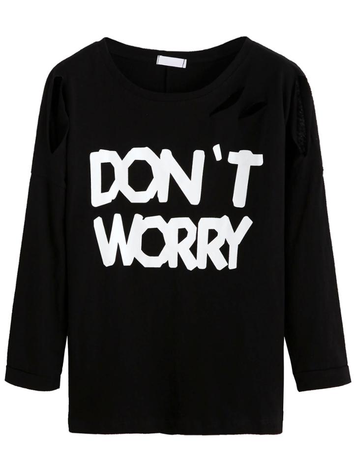 Romwe Black Letter Print Dropped Shoulder Seam Ripped T-shirt