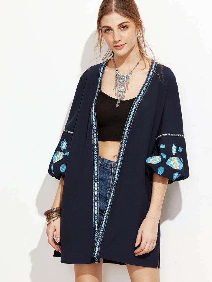 Romwe Navy Embroidered Tape Trim Lantern Sleeve Coat