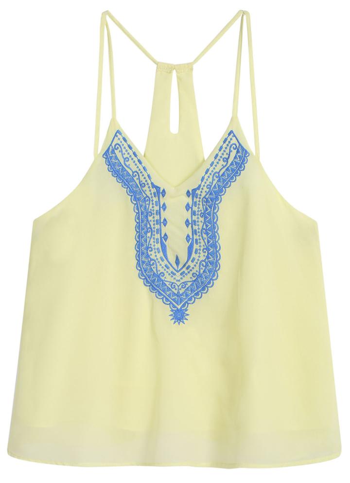 Romwe Spaghetti Strap Embroidered Chiffon Yellow Vest