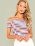 Romwe Rib Knit Striped Bardot Tee