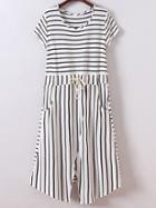 Romwe White Short Sleeve Tie-waist Pockets Stripe Dress