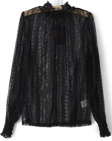 Romwe Hollow Lace Black Blouse