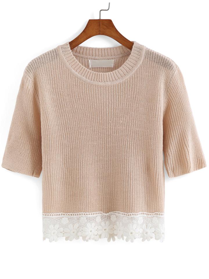 Romwe Floral Crochet Hem Sweater