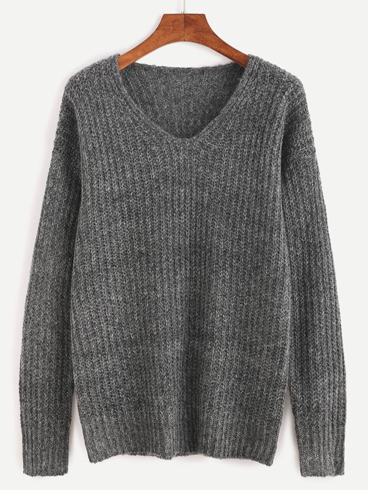 Romwe Grey Ribbed Knit Drop Shoulder Sweater