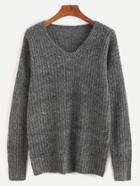 Romwe Grey Ribbed Knit Drop Shoulder Sweater