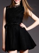 Romwe Black Crochet Hollow Out Belted A-line Dress