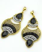 Romwe Black Drop Gemstone Gold Earrings
