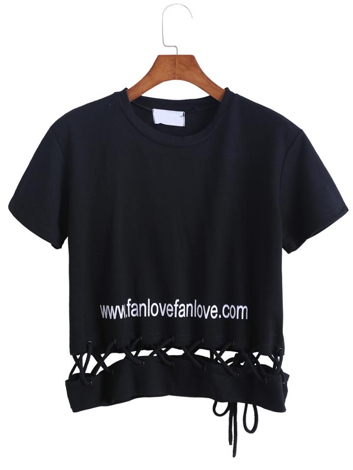 Romwe Letter Print Bandage Black T-shirt