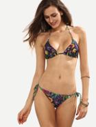 Romwe Multicolor Leaf Print Side-tie Bikini Set