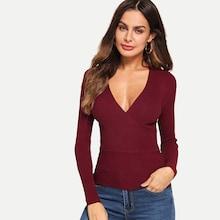 Romwe Solid Deep V Neckline Wrap Sweater
