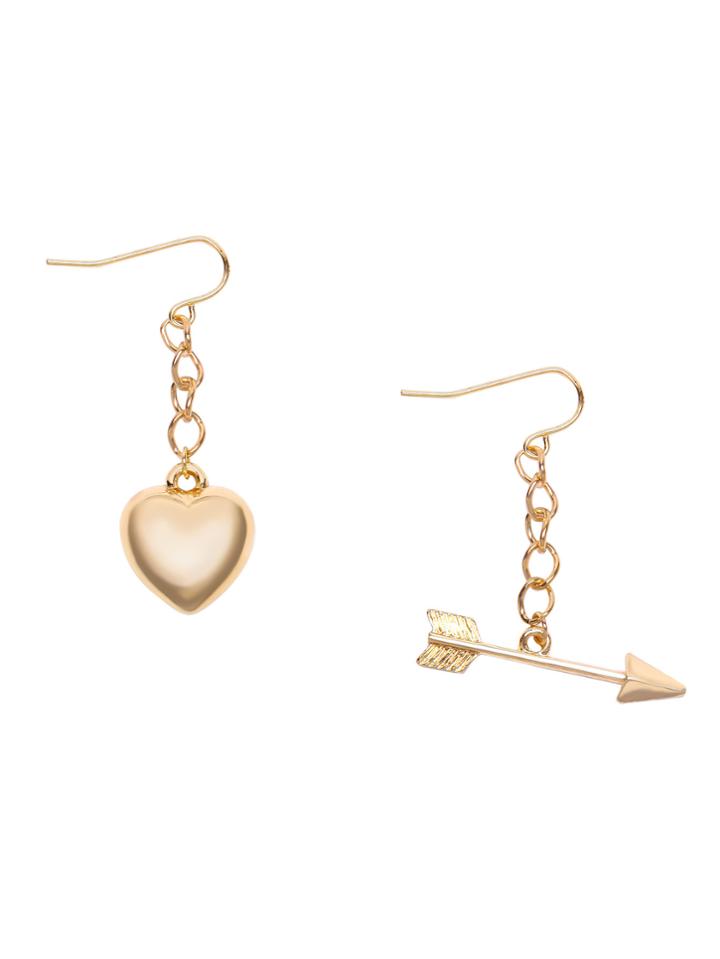 Romwe Gold Plated Arrow And Heart Asymmetric Stud Earrings