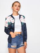 Romwe Ribbed Trim Florals Jacket