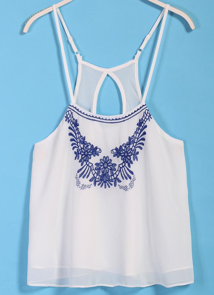 Romwe Spaghetti Strap Embroidered Loose White Cami Top