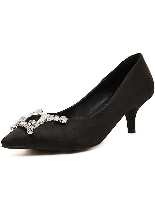 Romwe Black Point Toe With Rhinestone Mid Heeled Pumps