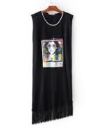 Romwe Black Sleeveless Printed Asymmetric Tassel Dress