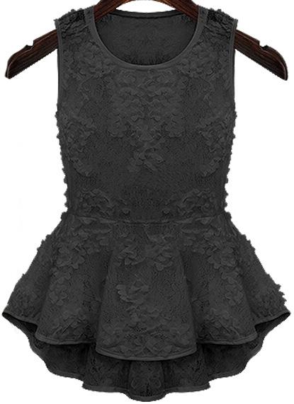 Romwe Sleeveless Ruffle Lace Black Blouse