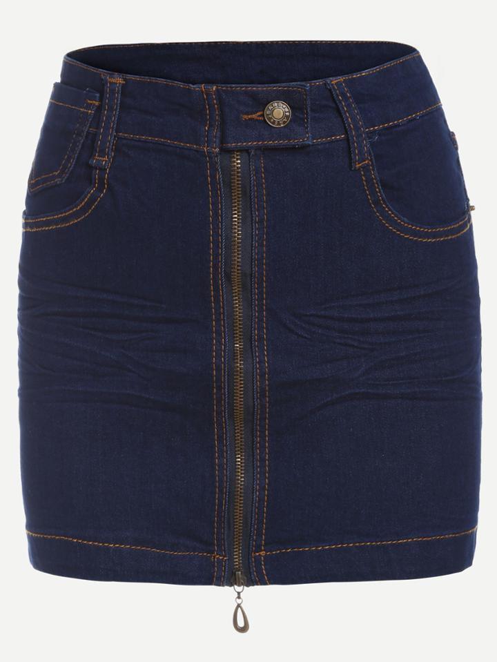 Romwe Blue Zipper Front Denim Skirt