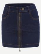 Romwe Blue Zipper Front Denim Skirt