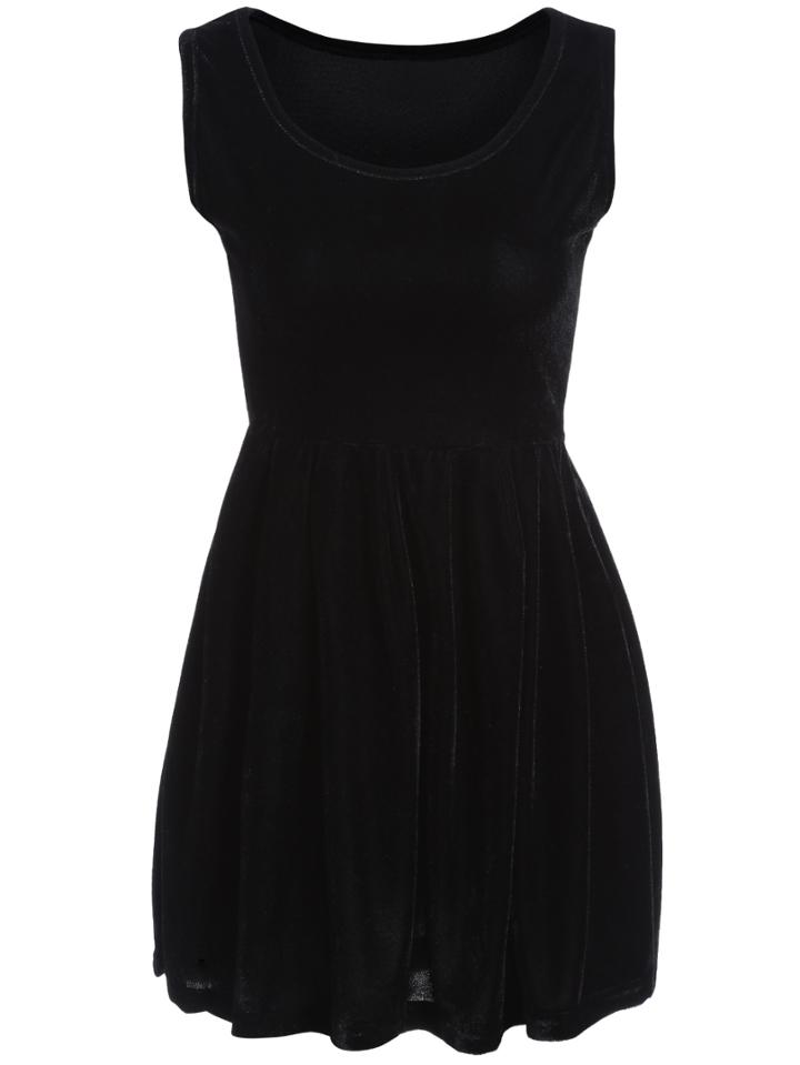 Romwe Round Neck Sleeveless Pleated Black Dress